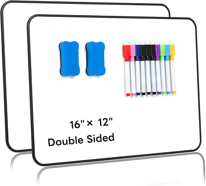 Iron Surface Dry Erase Board, 2 Pack A3 Double Sided – Magnetic-Receptive Whiteboard for Magnets – 16"x12" Small Portable White Boards with 10 Pens & 2 Erasers for Home Office Classroom