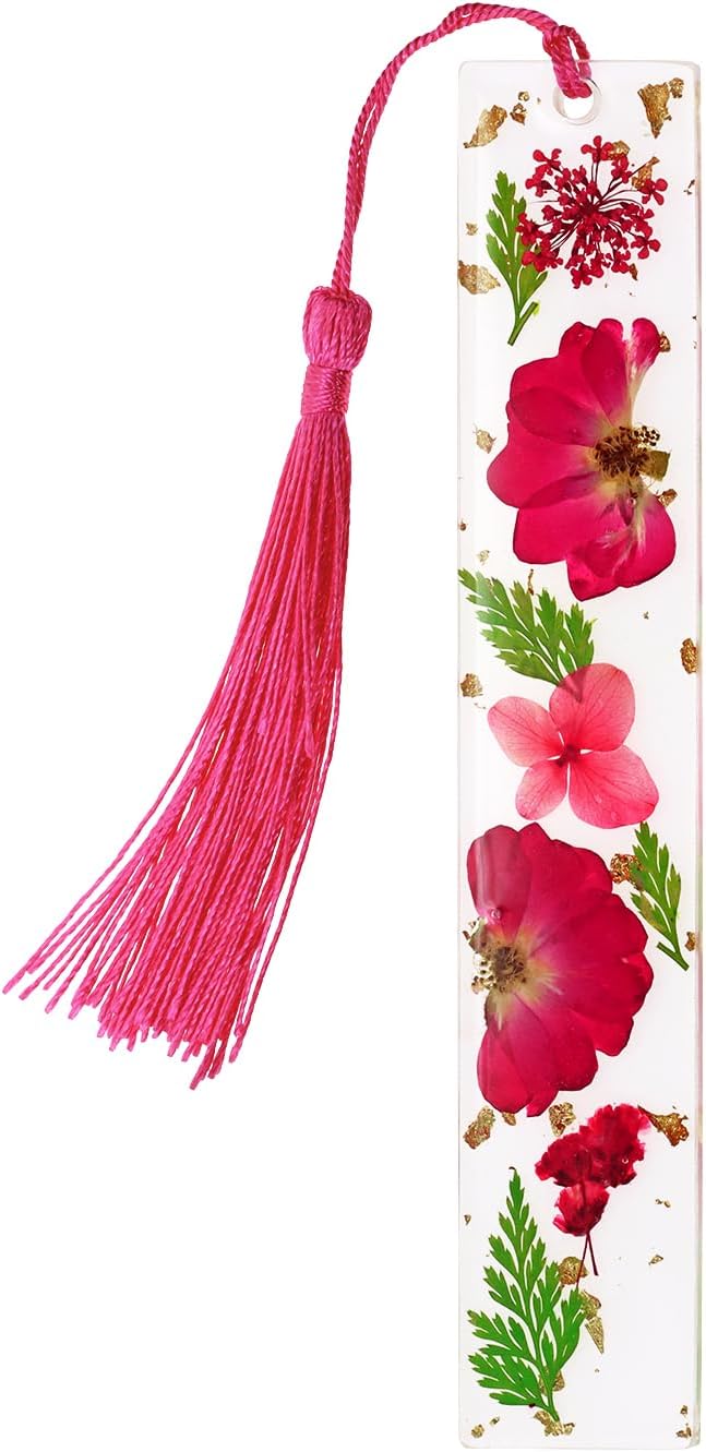 Penta Angel Dried Flower Resin Bookmarks Handmade Clear Pressed Floral Page Markers with Silky Tassel Reading Gift for Women Adults Graduation Valentine’s Day Christmas (Red & Green)