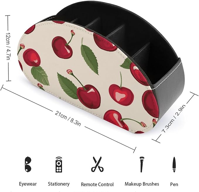 Red Cherry Pattern Remote Control Holder TV Remote Caddy with 5 Compartments PU Leather Storage Box Stylish Desk Organizer for TV/DVD/Accessories Desk Office Supplies Home