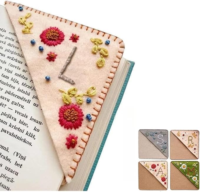 Personalized Hand Embroidered Corner Bookmark, 26 Letters Cute Flower Embroidered Corner Bookmark Embroidery Book Marker Clip for Book Lovers Bookmarks for Reading Lovers Meaningful GIF (Fall, L)