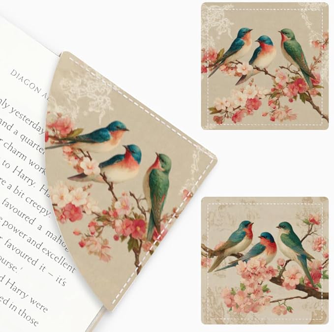 2PCS PU Leather Bookmarks 3.5x3.5 Inch Birds Cherry Blossom Design | PU leather bookmarks with birds cherry blossom design for novels, journals, planners, students, teachers and book lovers