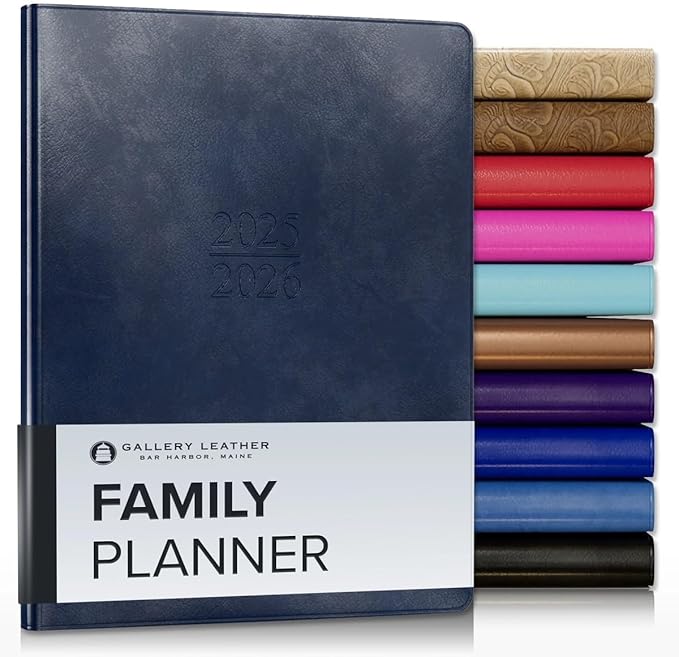 Gallery Leather Family Planner 2025-2026, for moms, Elegantly Bound Calendar Planner and Notebook with Stylish White Page Edges, 18 Months - Acadia Navy - 9 x 7 "