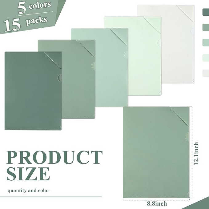 Kisston 15 Pack Green Clear Plastic Folders Sleeves Project Pockets for Letter Size 12.1x8.8, L-Shaped Transparent File Jacket for School Office Desk Supplies