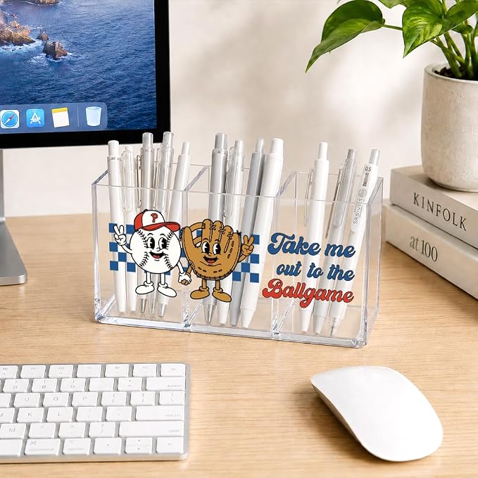 Funny Baseball Lover Acrylic Pen Holder 3 Compartment, Take Me Out To The Ballgame Desk Organizer for Office Home, Back to School Gifts for Women Men Teachers Sports Lovers Baseball Mom Players