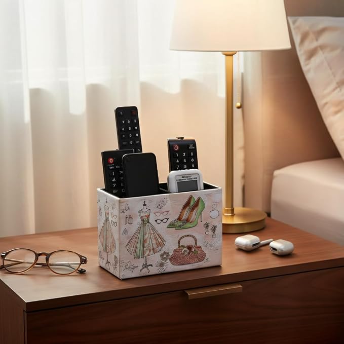 Decorative Remote Control Holder, Leather TV Remoter Caddy Storage Box Desktop Organizer Makeup Brush Pen Holder Storage Fits TV Remotes, Media Controllers, Office Supplies (Vintage Dress Pattern)