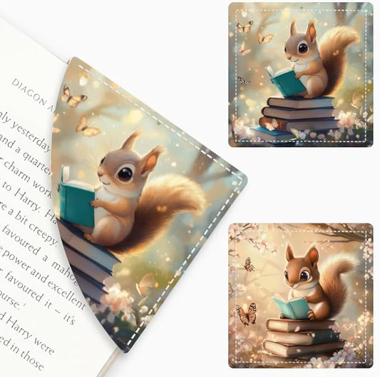 2PCS PU Leather Bookmarks 3.5x3.5 Inch Squirrel Reading Design | PU leather bookmarks with squirrel reading design for story books, class notes, journals, young readers and book lovers