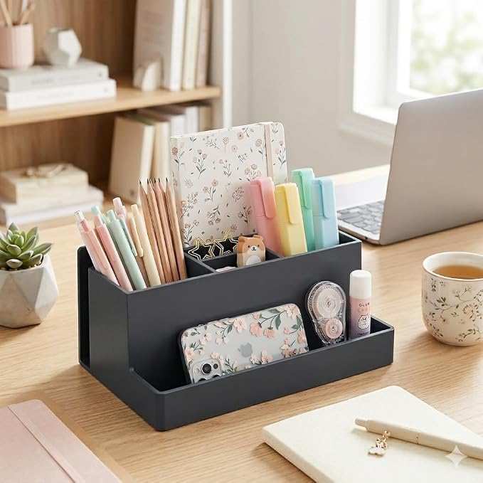 Acrimet Desktop Organizer - Multi Organizer Caddy Holder for Office, Home and School use (Plastic) (Black Color)