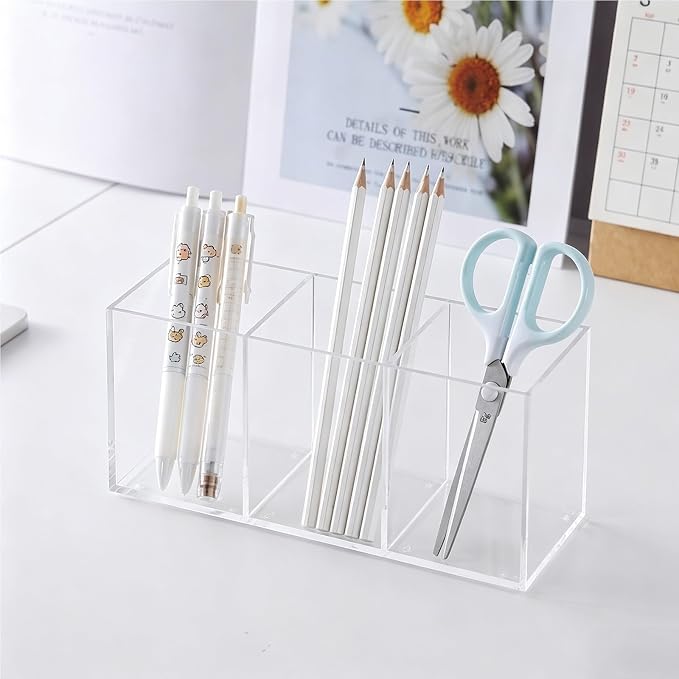 2-Pack Clear Acrylic 3-Compartment Organizer, Pen Holder for Desk, Makeup Brush Holder, Remote Control Holder,