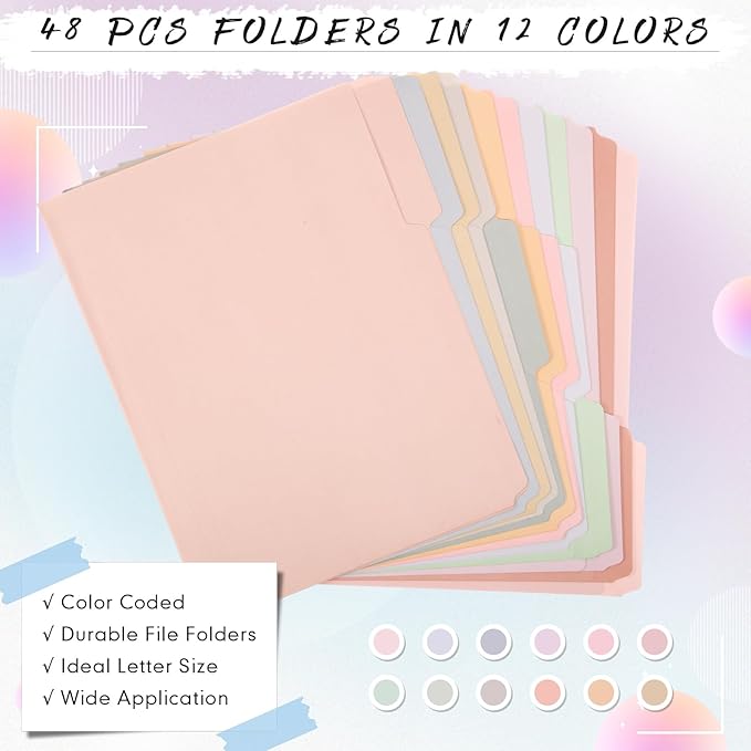 48 Pcs File Folders 9.5x11.6 Inch Manilla Folders Letter Size with 1/3 Cut Tabs 12 Colored Office Home School Organizers for Documents, Classroom Supplies and Paper Storage (Sweet Color)