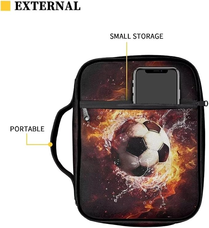 Coldinair Fire Soccer Large Bible Cover with Handle and Bookmark Bible Carrying Book Case for Kids Teen Nylon Church Bag Bible Protective for Men,Flame Water Standard Large Size Bible Covers