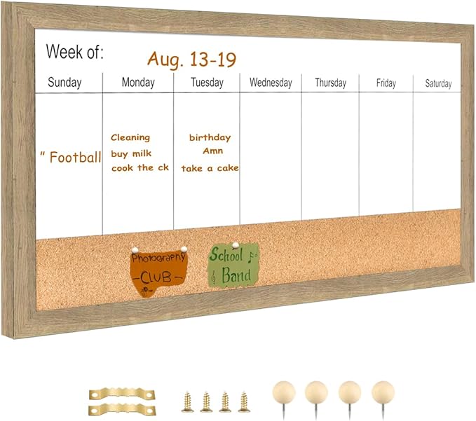 Magnetic Weekly Dry Erase White Board and Cork Board,Rustic Brown Wood Frame，Magnetic Surface Whiteboard for Home Office and Wall Decor(ZHZL-3060QZ)