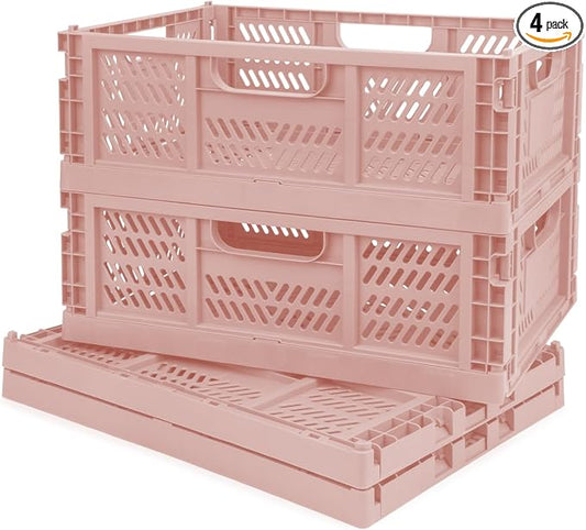 Domiella 4-Pack Crates for Storage, 16x12x6 Storage Crates Plastic Stackable, Folding Crate for Office Home Kitchen Bedroom Bathroom, Pink