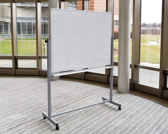 Luxor 48" W x 36" H Rolling Reversible Dry Erase Double-Sided Magnetic Whiteboard with Aluminum Frame and Marker Tray - Perfect for School, Classroom, Conference and Presentation