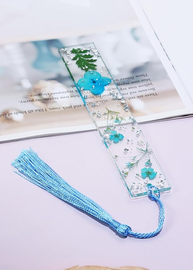 Penta Angel Dried Flower Resin Bookmarks Handmade Clear Pressed Floral Page Markers with Silky Tassel Reading Gift for Women Adults Graduation Valentine’s Day Christmas (Lake Blue)