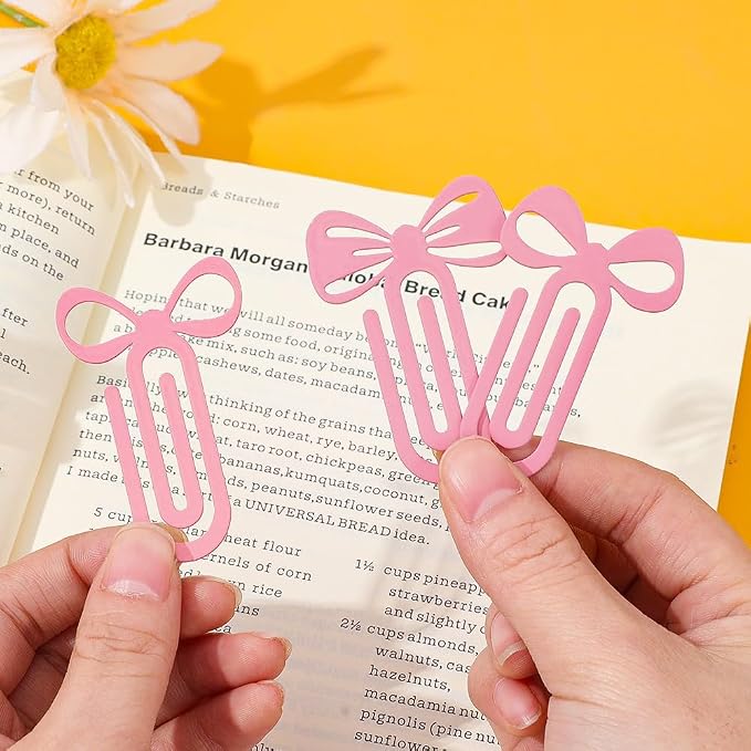 Pink Bowknot Stainless Steel Bookmark - Printed with Cute Bowknot Patterns & Equipped with Heart Pendants, Ideal for Female Readers, Perfect Birthday Gift for Girlfriends (5pcs Small)