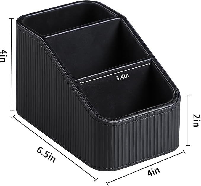 Remote Control Holder, PU Leather Nightstand Organizer Bedside Caddy with 3 Compartments, Small Desk Organizer for Remote/Pen/Glasses/Phone (Black)