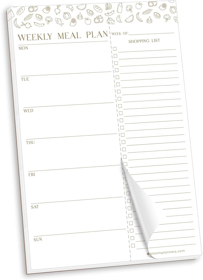 bloom daily planners Weekly Meal Planning Pad - Magnetic Hanging Refrigerator Menu Planner with Tear-Off Sheets & Perforated Grocery Shopping Lists - 6” x 9” - Modern Gold