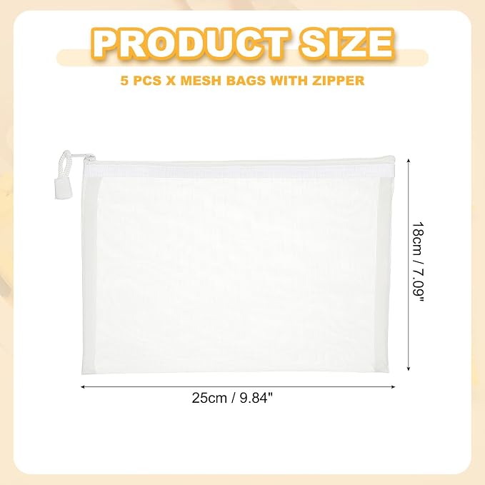 PATIKIL A5 Mesh Zipper Pouch Bags, 5 PCS Mesh Bags with Zipper Plastic Storage Pocket for Organizing File Beads Office Home Supplies, 18x25cm, White