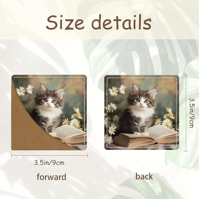 2PCS PU Leather Bookmarks 3.5x3.5 Inch Kitten Floral Book Design | PU leather bookmarks with kitten floral book design for novels, diary pages reading notes students, cat lovers and book fans.