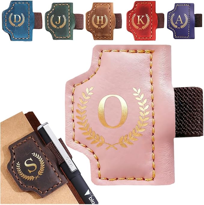 Personalized Mark Bookmark with Pen Holder, Leather Magnetic Book Marker 26 Letters,Custom Initials Page Marks, Gifts for Book Lovers Readers Men Women (Pink, O)