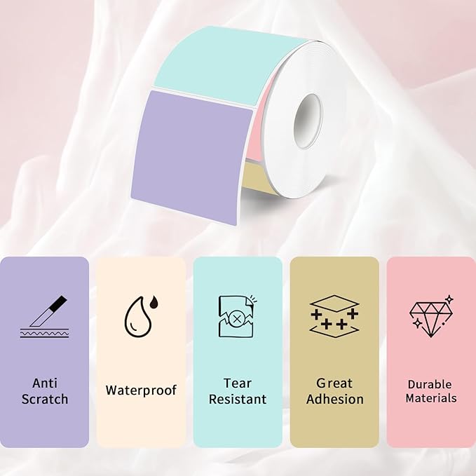 Square Thermal Labels Stickers 2" x 2", Self-Adhesive Waterproof Square Direct Thermal Labels Stickers, Perforation Line Design- 300 Sheets/Multicolor