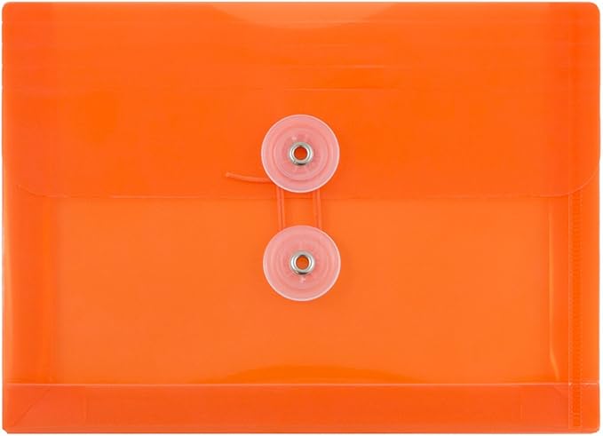 JAM PAPER Plastic Envelopes with Button & String Tie Closure - Index Size - 5 1/2 x 7 1/2 - Orange - 12/Pack