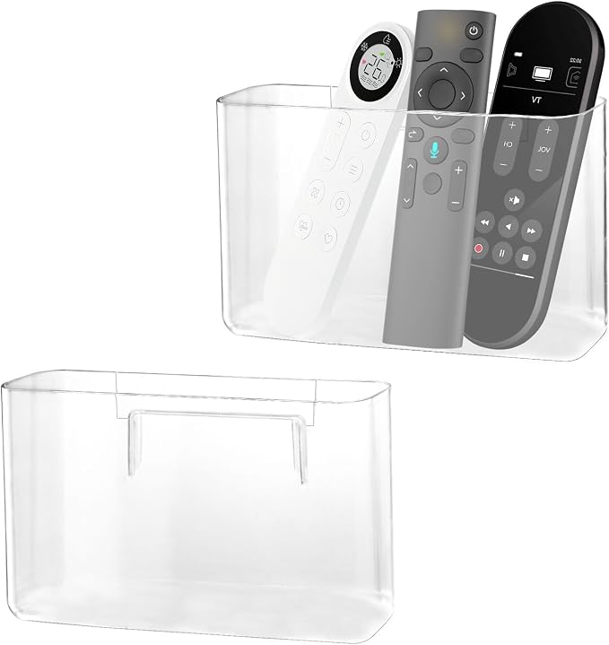 LELE LIFE 2Pcs Remote Control Holder Wall Mount, Adhesive Clear Acrylic Remote Holder Magazine File Bill Postcard Letter Mail Organizer Pocket for Office Home Storage, Large, LJ-236