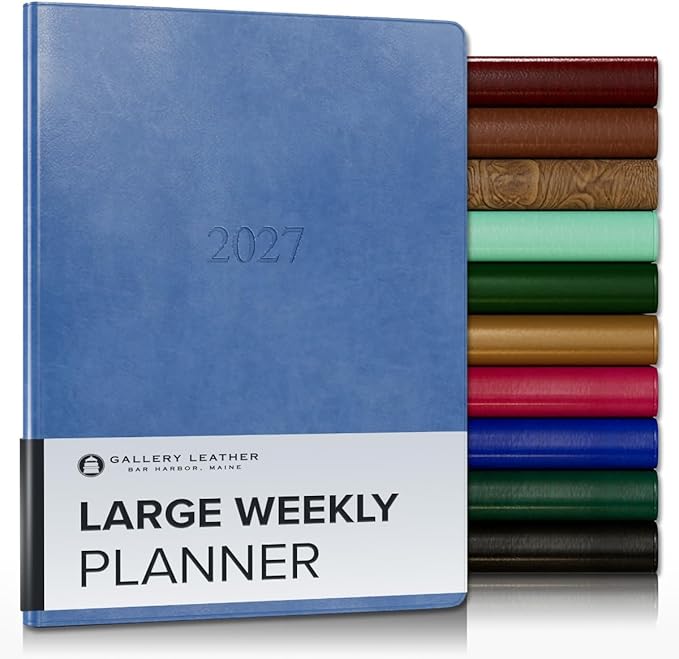 Gallery Leather Large Weekly Monthly Planner 2027, Elegantly Bound Calendar Planner and Notebook with Stylish Gold-Gilded Page Edges, 12 Months - Acadia Hydrangea - 9.75x7.5"