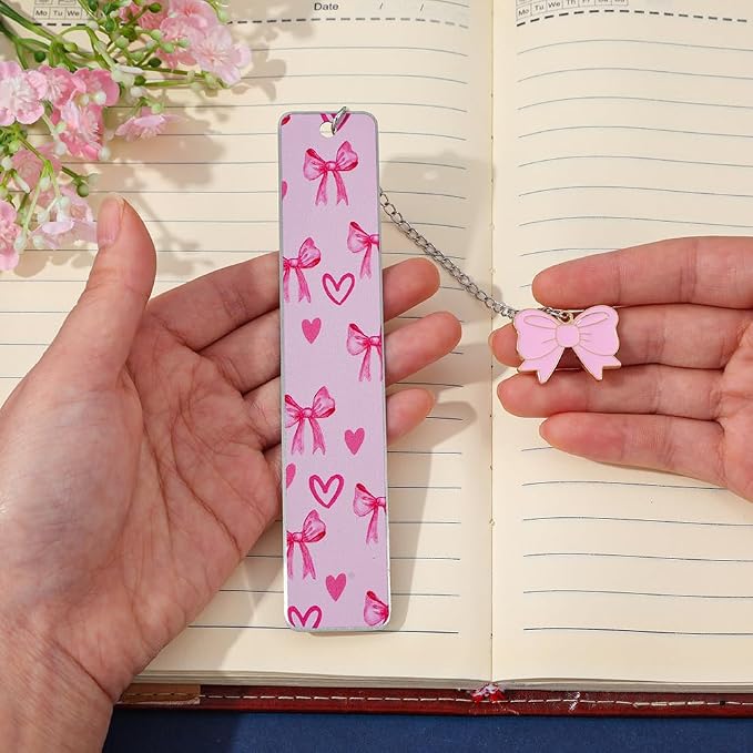 Pink Bowknot Stainless Steel Bookmark - Printed with Cute Bowknot Patterns & Equipped with Heart Pendants, Ideal for Female Readers, Perfect Birthday Gift for Girlfriends (Double-Sided D)