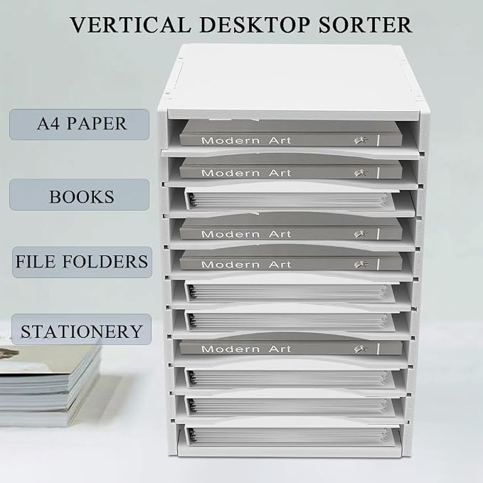 11 Slots Vertical Desktop Sorter, Mail Organizer Vertical File Organizer Adjustable Shelve Paper Sorter Organizer Document Storage Rack for Office School Home White