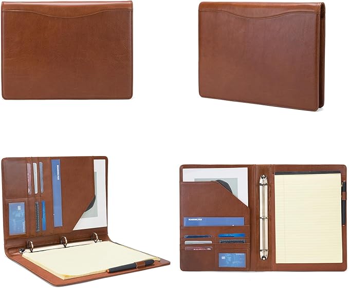 Genuine Leather 3 Ring Binder, 8.5 x 11 Letter Size Folio with Pen Holder, Soft Notebook Portfolio Cover, Slim Notepad Padfolio Thin File Organizer for Work Executive Meeting, Brown, Oil Tanned