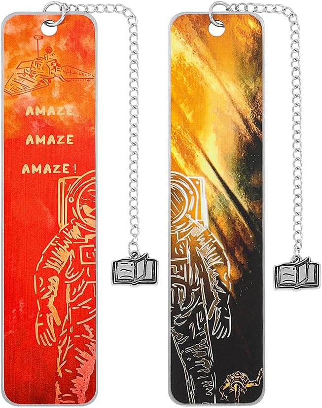 Project Hail Mary Inspired Metal Bookmark with Chain, Double-Sided Printed Stainless Steel Bookmark, Space Astronaut Design, Book Charm Pendant, Reading Gift for Sci-Fi Fans, Book Lovers(Project C)