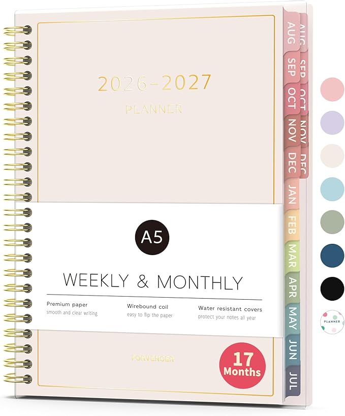 Aug 2026 - Dec 2027 Planner, Forvencer 17 Month Academic Planner 2026-2027, 6.3" x 8.4", Calendar Planner Weekly and Monthly, Daily Agenda Book, College School Supplies for Student Teacher, A5, Beige