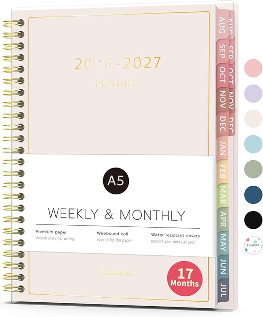 Aug 2026 - Dec 2027 Planner, Forvencer 17 Month Academic Planner 2026-2027, 6.3" x 8.4", Calendar Planner Weekly and Monthly, Daily Agenda Book, College School Supplies for Student Teacher, A5, Beige