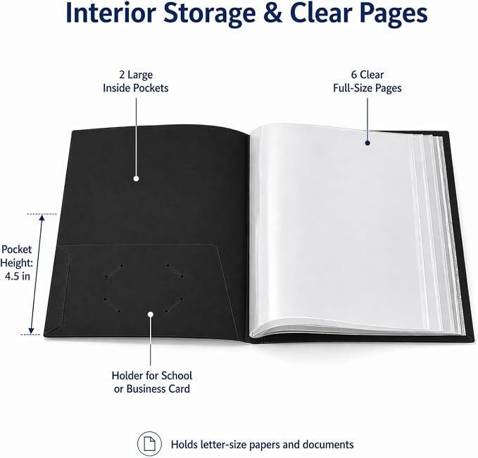 Ultra PRO - 50 Pack Black Heavy Duty 2-Pocket Folders with 6 Clear Internal Pages, Waterproof Poly Project Organizer for School and Office, Fits 8.5 x 11 Letter Size, Customizable Clear Covers