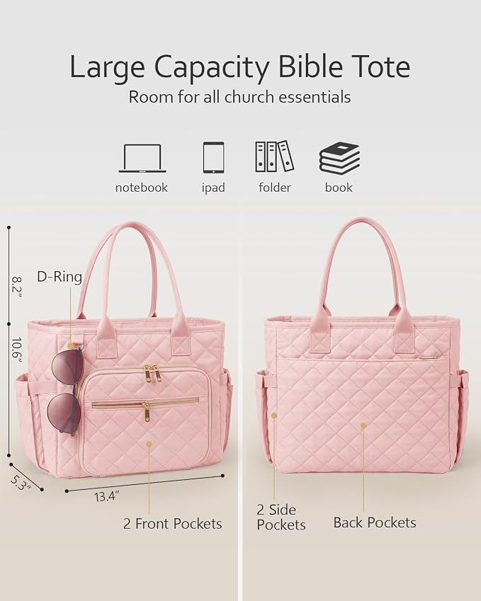 BellaHold Large Bible Bag with Bible Cover Case for Women, Church Bag with Bible Study Supplies & Shoulder Strap, Quilted Bible Tote Bag, Christian Gift for Women,Blush Pink