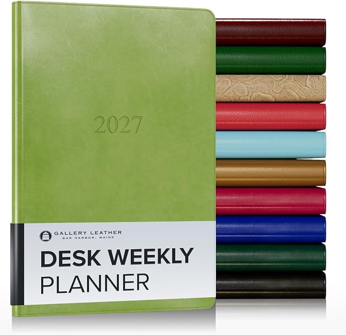 Gallery Leather Desk Weekly Monthly Planner 2027, Elegantly Bound Calendar Planner and Notebook with Stylish Gold-Gilded Page Edges, 12 Months - Acadia Lime - 8x5.5"