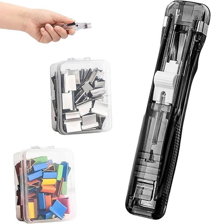 2026 New Portable Binder Clip Stapler, Includes 100 Reusable Clips, Handheld Paper No-Punch Folder, Mini Push Stapler Clamp Staplers for Home, School, and Office Document Binding (Black)