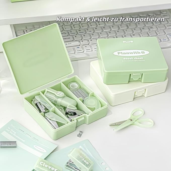 Staple Remover, Hole Punch & Stapler Set - 8-Piece Writing Set with Lucky Clover Design in Practical Storage Box