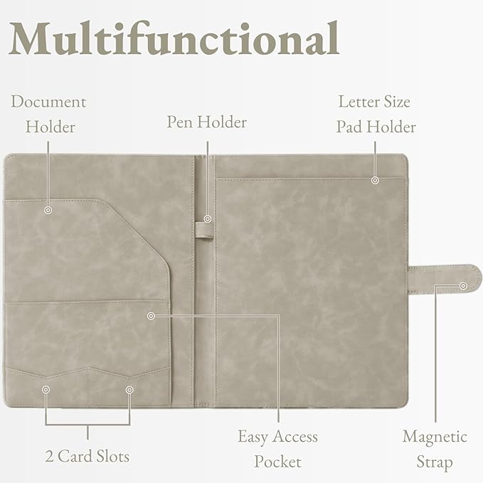 Mymazn Padfolio Portfolio Binder, Faux Leather Interview Resume Folder with Document Organizer & Business Card Holder, Letter-Sized Notepad Legal Pad Holder for Women Men (Grey)