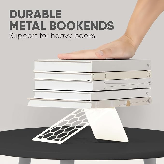 White Geometric Honeycomb Metal Bookends - Book Ends for Shelves - Decorative Modern Heavy Duty Bookend Stopper - Book Ends for Heavy Books - Home Office Book Holder - 1 Pair, 6x3.25x6.25 in