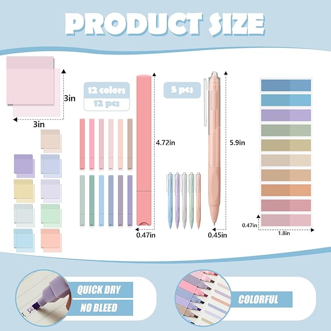 Jutom 39 Pcs Aesthetic Book Annotation Kit Highlighter with Pencil Case Bag Gel Pen Transparent Sticky Note Taking Bible Study College School Supplies (Green,Cute Style)