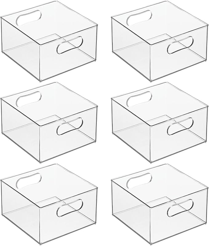 mDesign Deep Plastic Stackable Storage Organizer Container Bin, Office Organization for Filing Cabinet, Cupboard, Shelves, and Desk - Holds Notepads, Pens, Pencils - Ligne Collection, 6 Pack, Clear