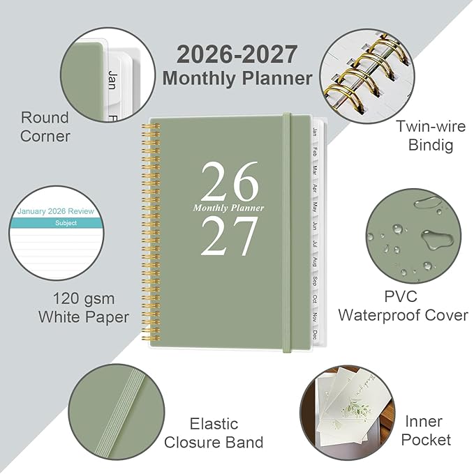 2026-2027 Monthly Planner - 18 Monthly Calendar, January 2026 - June 2027, Two Pages Per Month, 9" x11" Planner with Tabs, Strong Twin-Wire Binding, Inner Pocket, Green