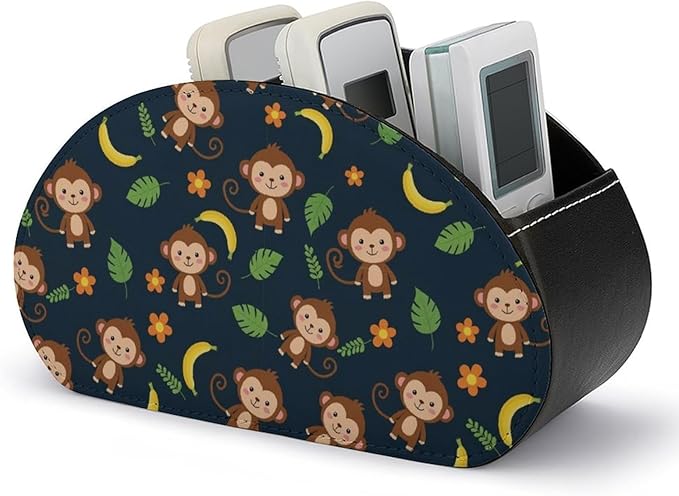 5-Compartment Remote Control Storage, PU Leather Caddy for Media Players, TV Remotes, and Desk Accessories, Animal Print Monkey