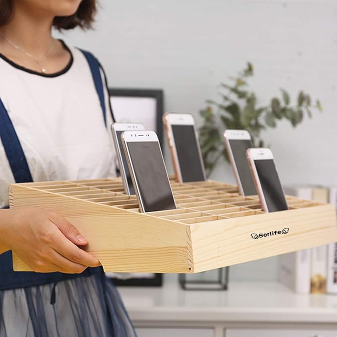 Wood Cell Phones Storage Box Calculator Management Mobile Phone Holder Classroom Office, Meeting Room Desktop Organizer (Retro, 36 Cells)