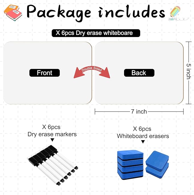 6-Pack Dry Erase Boards 5" x 7" Double-Sided Mini Whiteboard Set – Includes Markers & Erasers – Perfect for Students, Teachers, and Classroom Use