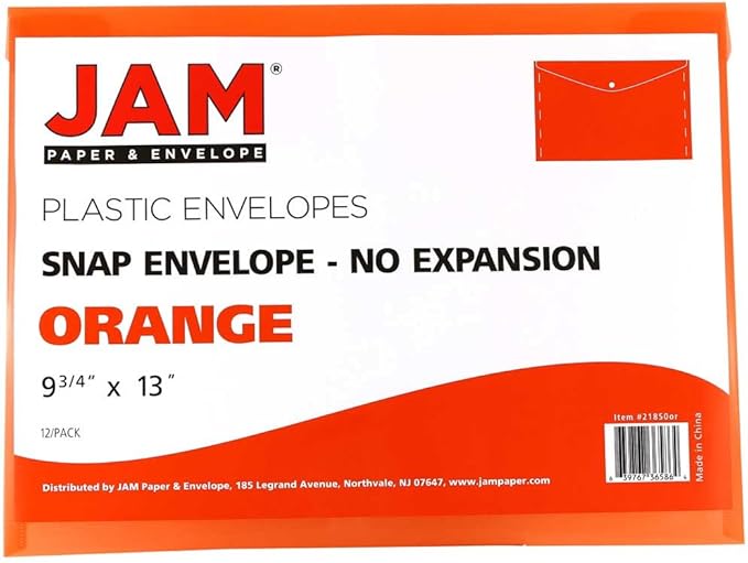 JAM PAPER Plastic Envelopes with Snap Closure - Letter Booklet - 9 3/4 x 13 - Orange - 12/Pack