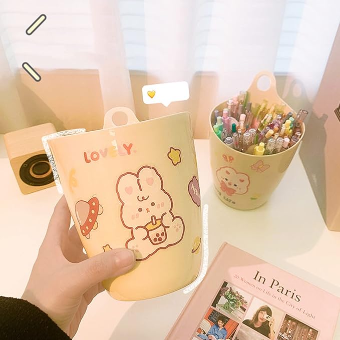 Wall Mount Pen Holder with Hanging Hook Remote Large Waste Basket Office Desk Management Organizer for Students Pen Cup Organizer Holder for Desk Unique White Cute Pink