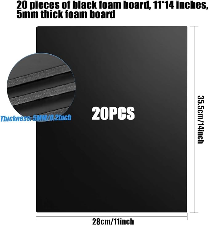 20 Pcs Black Foam Board 14 x 11 inch Foam Core Board Black Poster Board 3/16" Thick Foam Backing Boards for Crafts Poster Making Art Presentations